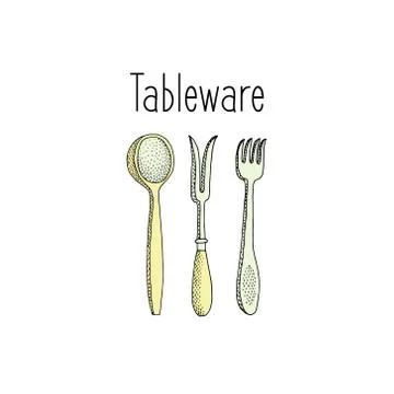 Cutlery set spoon, fork and knife. Sketch vector illustration Stock Illustration
