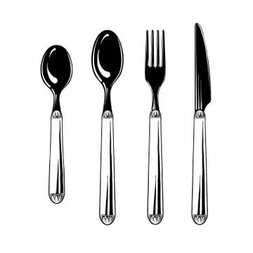Cutlery set teaspoon, spoon, fork and knife in black isolated on white Stock Illustration