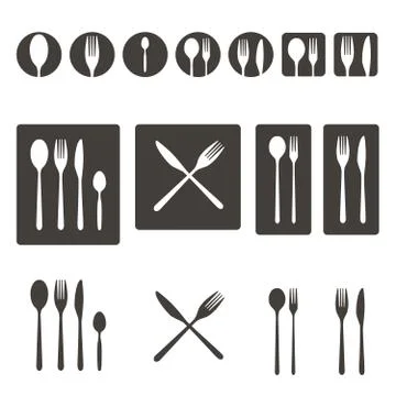 Cutlery simple flat icon set. Spoon fork logo. Vector isolated illustration. Stock Illustration