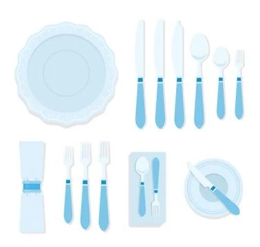 Cutlery for table serving. Table knives, forks and spoons, plate, tissue table Stock Illustration