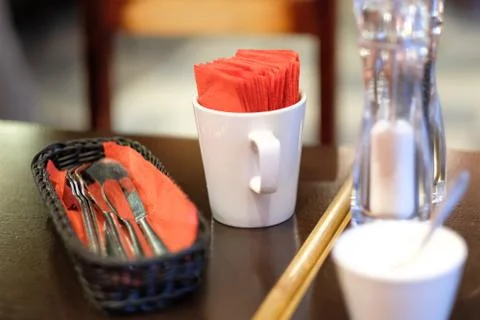 Cutlery, tableware and accessories for table setting in a cafe Stock Photos