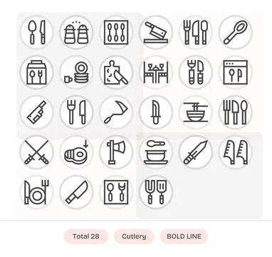 Cutlery Vector Icon Library with 28 Bold Line High Resolution Detail Enhanc.. Stock Illustration