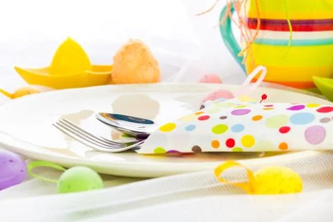 Cutlery wrapped napkin easter table Stock Photos