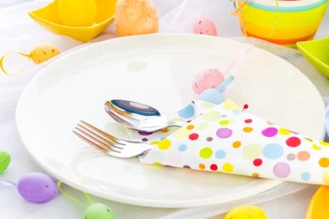 Cutlery wrapped napkin Easter table Stock Photos