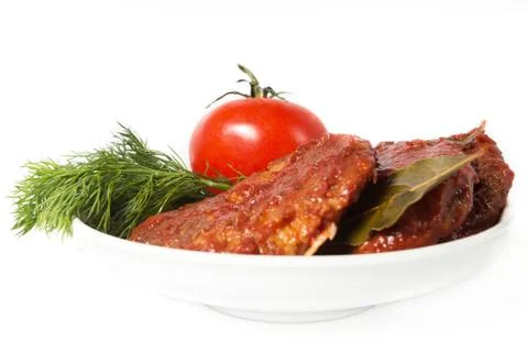Cutlet with tomato and dill, studio photo on a white background Stock Photos