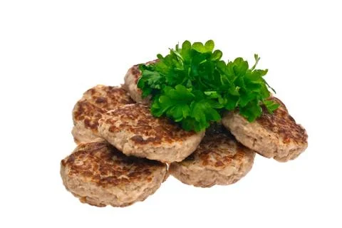 Cutlets, parsley, white background, isolated Stock Photos