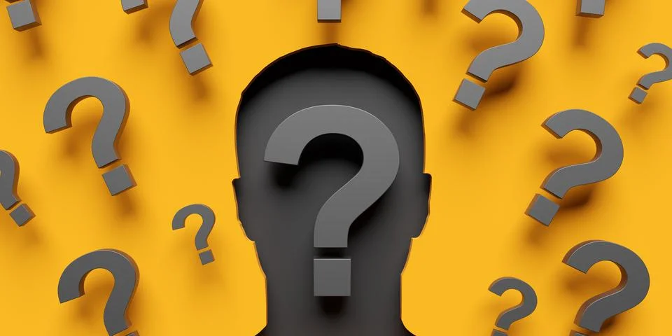 Cutout front view head shape with large group of question marks on yellow b.. 스톡 일러스트