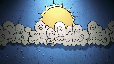Cutout sun and clouds with rain seamless animation Stock Footage 80624722