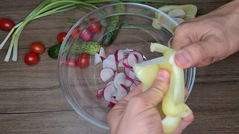 Cuts Fresh Vegetables For Salad Stock Footage 165505075
