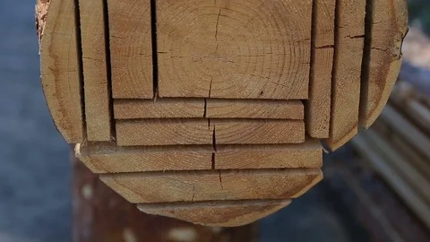 Cutted log into planks and beams. Close up view of modern sawmill product. Stock Footage 72670709