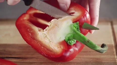 Cutted red pepper roast peppers vegetarian food salad Video stock 143782865
