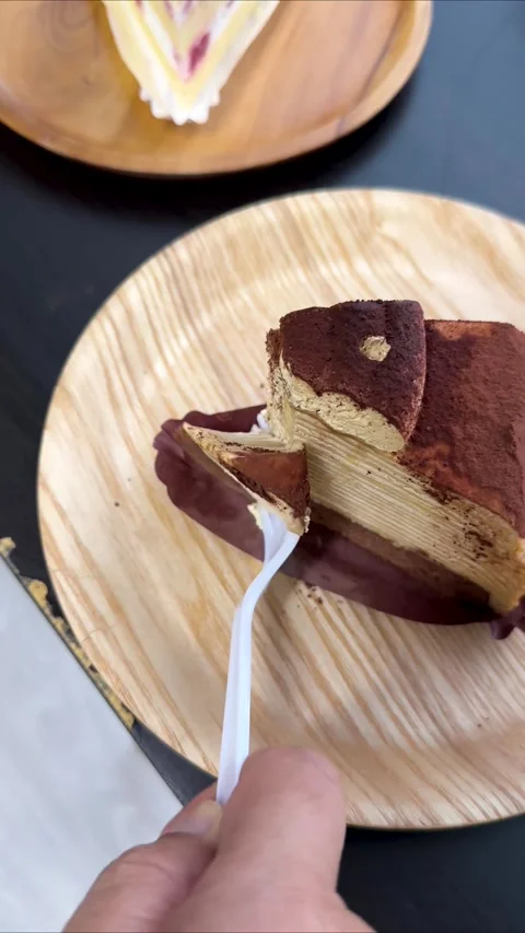 Cutting and Lifting a Tiramisu Slice with Plastic Fork Stock Footage 318434887