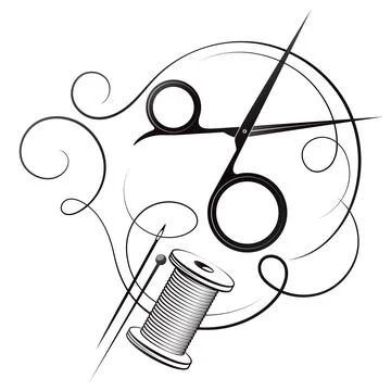 Cutting and sewing scissors needle with thread Stock Illustration