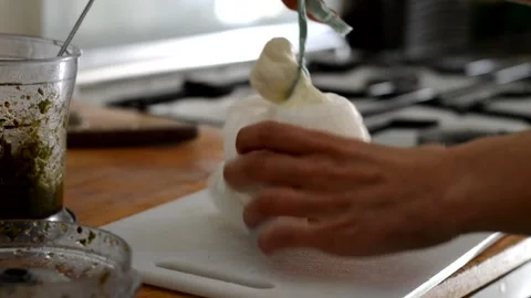 Cutting and take a line with bread Stock Footage 153912472