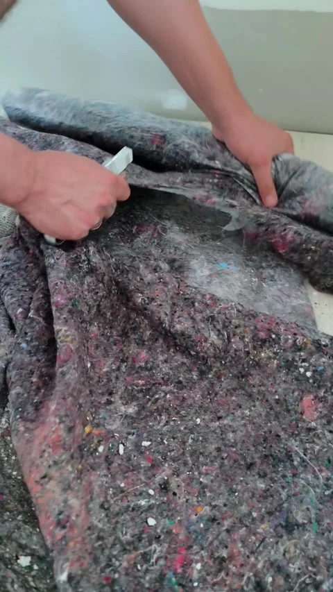 Cutting and tearing a roll of colored underlay for laminate flooring with a Stock Footage 322549924