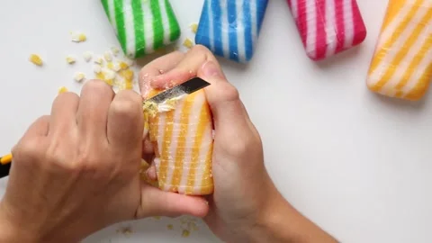Cutting ASMR soap with a thin stationery knife .Cutting soap into pieces squares Vídeos de archivo 254496069