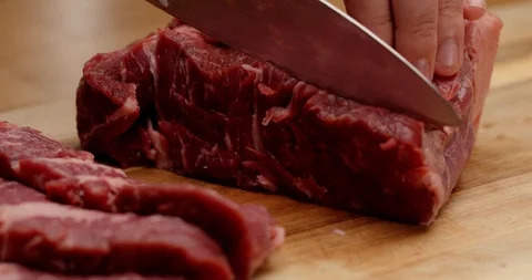 Cutting beef with chef knife close up, cooking process 스톡 동영상 126258205