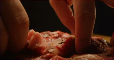 Cutting beef with chef knife macro shot Stock Footage 126292044
