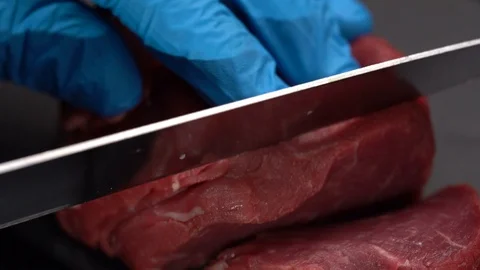 CUTTING A BEEF FILLET AT 100 FPS Vídeos de archivo 102543299