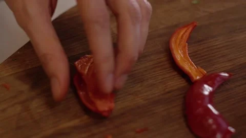 Cutting Bell Pepper. Series - making tortilla with chicken and bell pepper. Stock Footage 154888862