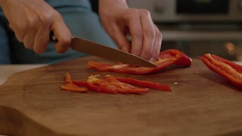 Cutting Bell Pepper. Series - making tortilla with chicken and bell pepper. Stock Footage 154888880