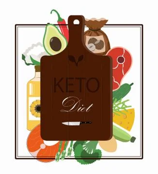 Cutting Board and a set of products for the keto diet. Flat illustration with Stock Illustration