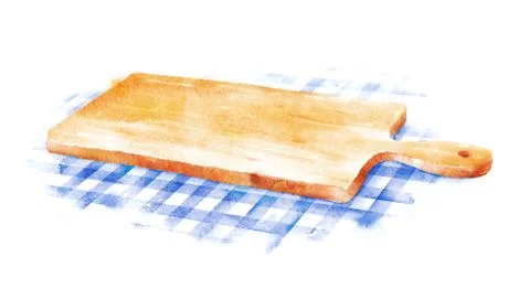 Cutting board on blue checkered tablecloth. Stock Illustration