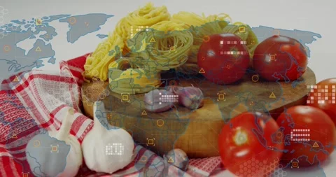 Cutting board holding pasta and tomato, world map fading in, HUD pulsing, Stock Footage 334033647
