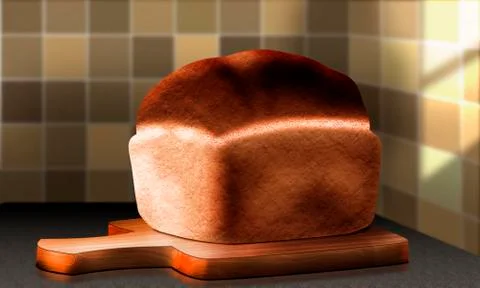 Cutting board lying on the kitchen table and a loaf of bread Stock Illustration