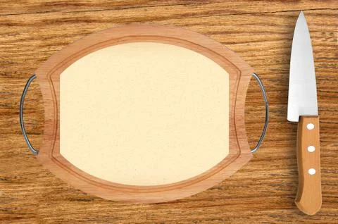 Cutting board with menu sheet of paper on rustic wooden table background Stock-Fotos