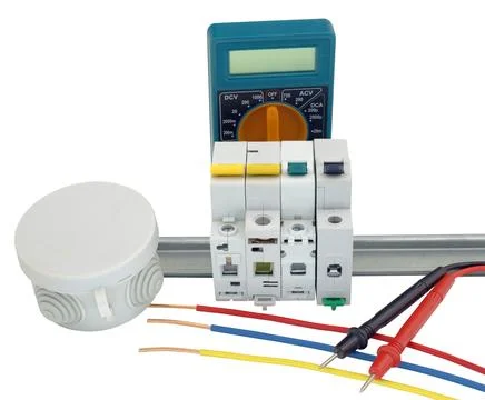 Cutting box, digital multimeter, circuit breakers and installation of power.. Stock Photos