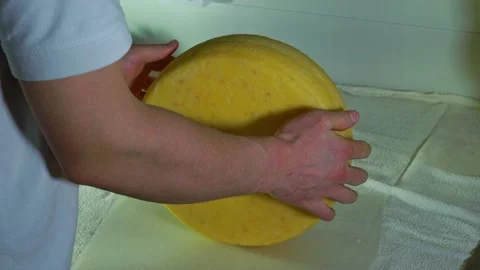 Cutting a cheese circle by a chef master of organic cheese made with natural mil Stock Footage 227543184