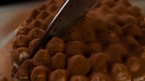 Cutting Chocolate Cake with Knife Closeup track-out camera Stock Footage 103256373