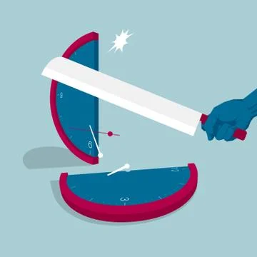The cutting clock uses a knife. Isolated on blue background. Illustrazione stock
