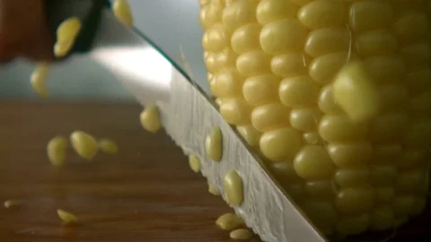 Cutting Corn Kernels Closeup Slowmotion2 Stock Footage 84058920
