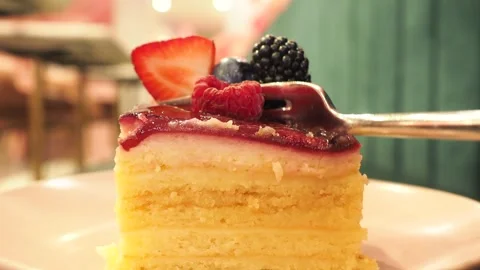Cutting Into A Delicious Vanilla Sponge Cake At An Afternoon Tea, UK Stock Footage 240442898