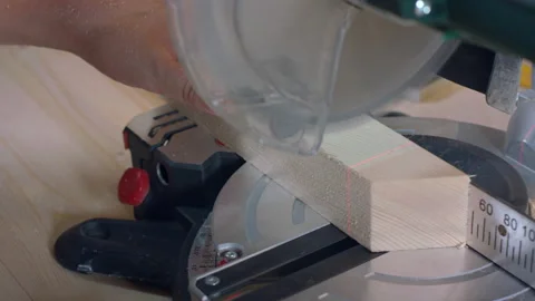 Cutting disk cuts wood with laser ruler. Stock Footage 161192659