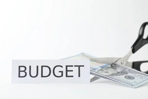 Cutting dollar banknotes with scissors and paper with word Budget on white .. Stock Photos