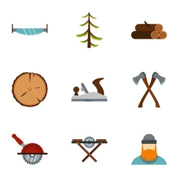 Cutting down trees icons set, flat style Stock Illustration