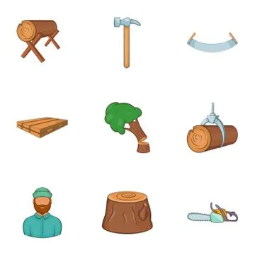 Cutting down trees icons set, cartoon style Stock Illustration