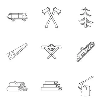 Cutting down trees icons set, outline style Stock Illustration