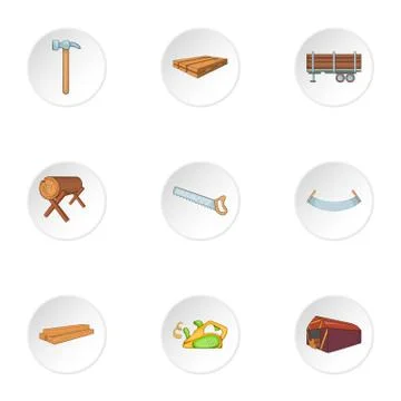 Cutting down trees icons set, cartoon style Stock Illustration