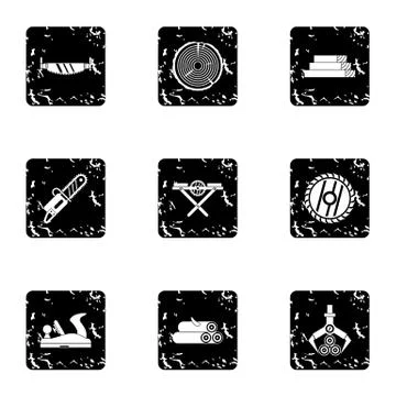 Cutting down trees icons set, grunge style Stock Illustration