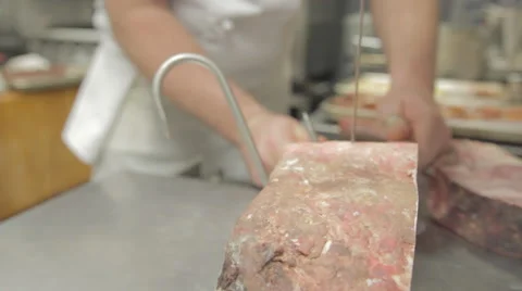 Cutting Dry-Aged Steaks in Restaurant Kitchen Stock Footage 41920114
