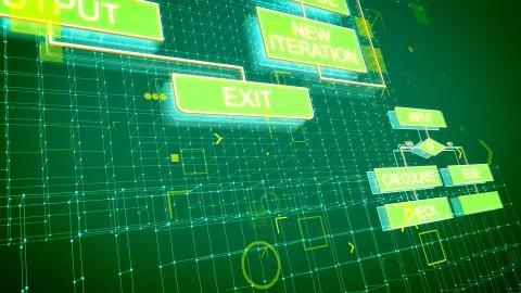 A cutting edge 3d illustration of computer algorithms put diagonally in the g Stock Illustration