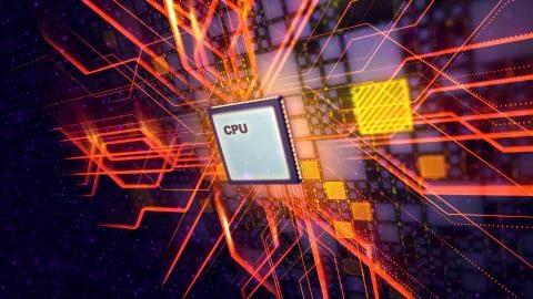 A cutting edge 3d rendering of a square CPU processor placed aslant in the vi Stockillustratie