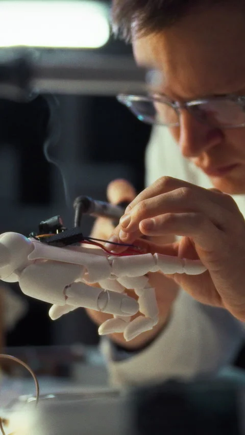 In a cutting-edge laboratory a scientist-engineer meticulously assembles a r Stock Footage 331599852