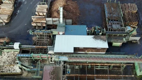 The Cutting Edge of Log Processing: Aerial View of the Journey of a Log Stock Footage 230119489
