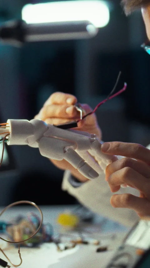 In cutting-edge workshop engineer skillfully assembles robotic hand highligh Stock Footage 331601067