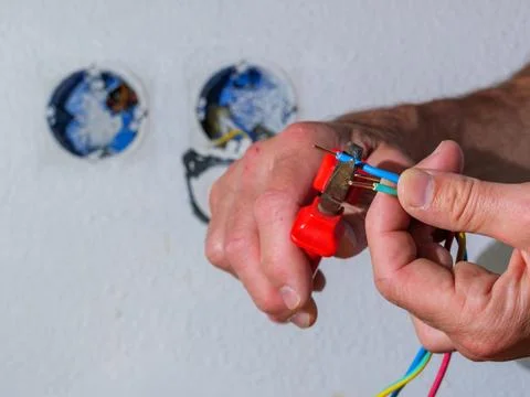 Cutting electrical cables during installation work Stock Photos